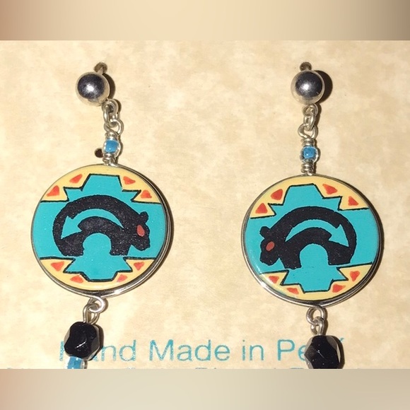 Mato Southwestern Native American Bear Arrow Blue Tribal Ethnic Geometric Dangle - Picture 7 of 16